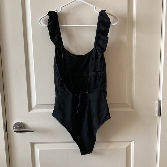 Black Ruffle Trim One Piece Swimsuit - Picture 6 of 8
